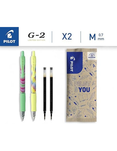 PFLW464518,Flow pack 2 rollere cu gel Pilot G2 Flow galben si verde 0.7 mm + 2 rezerve negre