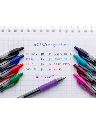 PBL-G2-7DR-P,Set 12 rollere cu gel Pilot Begreen G-2+ diverse culori 0.7 mm cu click rosu inchis