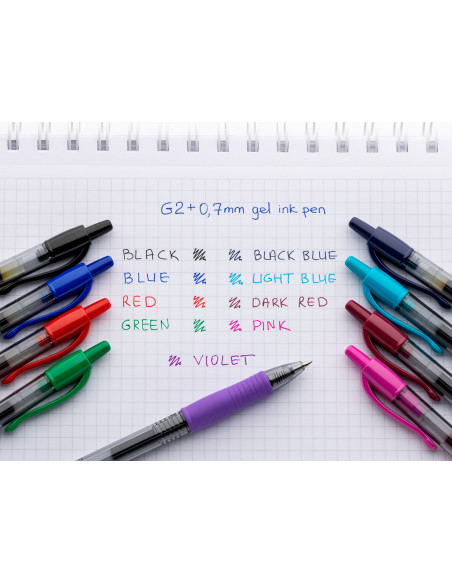 PBL-G2-7DR-P,Set 12 rollere cu gel Pilot Begreen G-2+ diverse culori 0.7 mm cu click rosu inchis