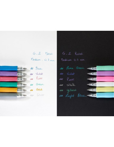 PBL-G2-7M-L-P,Set 12 rollere cu gel Pilot G-2 culori metalice 0.7 mm cu click albastru