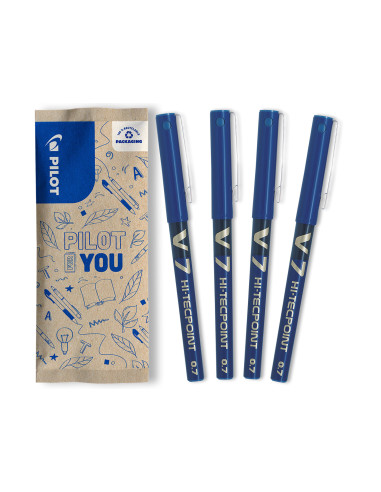 PFLW538844,Set flow pack 4 rollere Pilot V7 Hi-Tecpoint albastre 0.7 mm cu capac