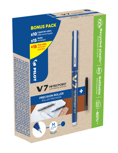 PWLT556268,Set 10 rollere cu cerneala Pilot Begreen V7 albastru 0.7 mm si 30 rezerve