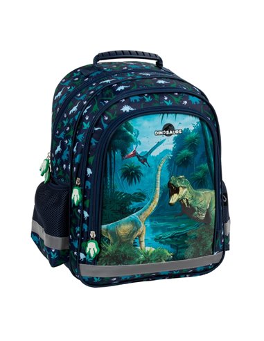 Ghiozdan scoala Derform PL15BDN19, 3 fermoare, 38 x 28 x 18 cm, Motiv dinozauri