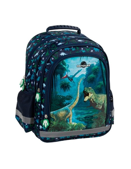 Ghiozdan scoala Derform PL15BDN19, 3 fermoare, 38 x 28 x 18 cm, Motiv dinozauri