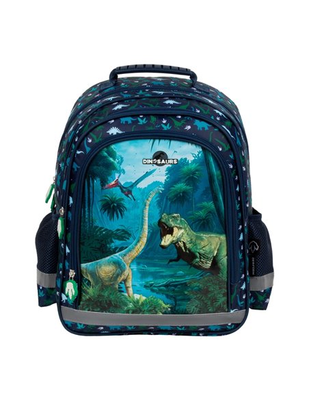 Ghiozdan scoala Derform PL15BDN19, 3 fermoare, 38 x 28 x 18 cm, Motiv dinozauri