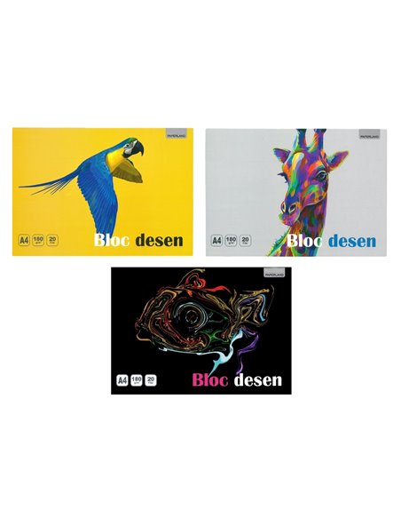 Bloc desen A4 Paperland, 20 file, 180 g/mp, coperta carton, Diverse modele