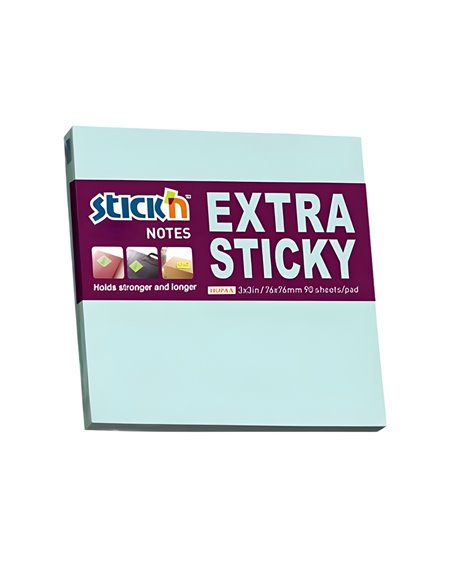 Notes autoadeziv extra-sticky, 76 x 76 mm, 90 file, Stick'n, Albastru pastel