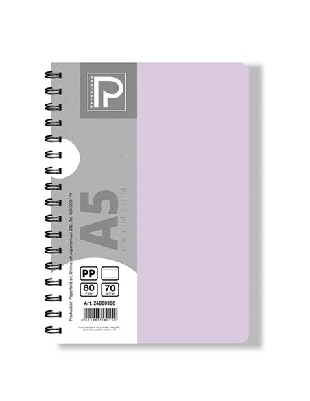Caiet A5 cu spira Paperland, 80 file, 70g/mp, dictando, coperta plastic, Diverse culori