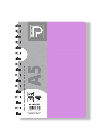Caiet A5 cu spira Paperland, 80 file, 70g/mp, dictando, coperta plastic, Diverse culori