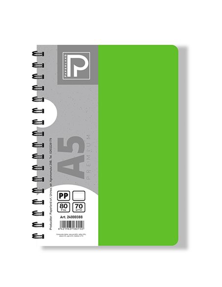 Caiet A5 cu spira Paperland, 80 file, 70g/mp, dictando, coperta plastic, Diverse culori