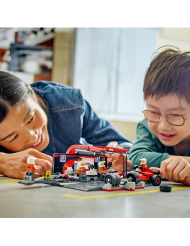LEGO-60443,Lego City Boxa Si Mecanici F1 Cu Masina Ferrari 60443