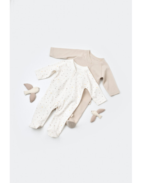 UP-BC-CSY5817-6,Set 2 salopetele cu maneca lunga si pantaloni lungi cu botosei - 100%bumbac organic - Ecru cu buline, BabyCosy (