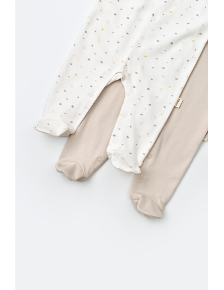 UP-BC-CSY5817-6,Set 2 salopetele cu maneca lunga si pantaloni lungi cu botosei - 100%bumbac organic - Ecru cu buline, BabyCosy (