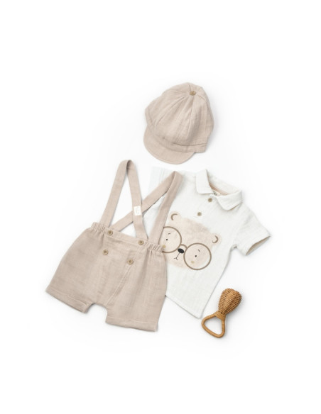 UP-BC-CSYM7102-3,Set tricou, salopeta si sapca TeddyBear, 100% bumbac organic, BabyCosy (Marime: 3-6 Luni)
