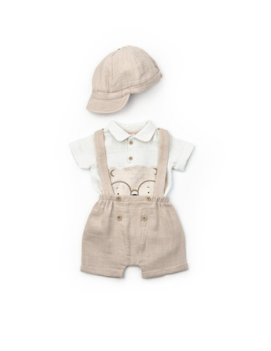 UP-BC-CSYM7102-3,Set tricou, salopeta si sapca TeddyBear, 100% bumbac organic, BabyCosy (Marime: 3-6 Luni)