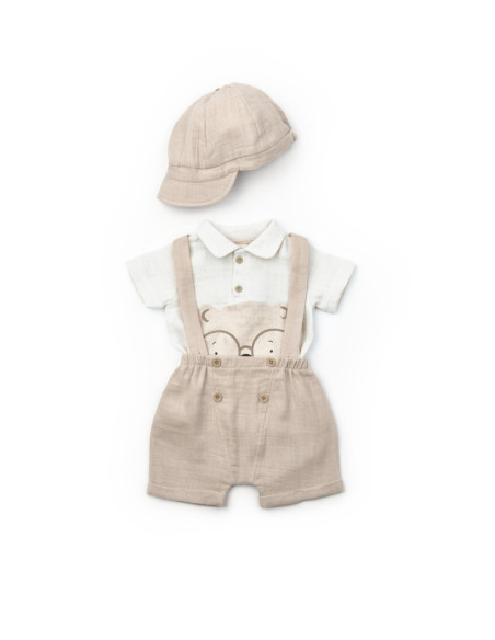 UP-BC-CSYM7102-3,Set tricou, salopeta si sapca TeddyBear, 100% bumbac organic, BabyCosy (Marime: 3-6 Luni)