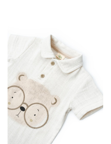 UP-BC-CSYM7102-3,Set tricou, salopeta si sapca TeddyBear, 100% bumbac organic, BabyCosy (Marime: 3-6 Luni)