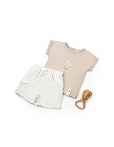 UP-BC-CSYM7103-12,Set tricou maro cu pantaloni scurti TeddyBear, 100% bumbac organic, BabyCosy (Marime: 12-18 Luni)