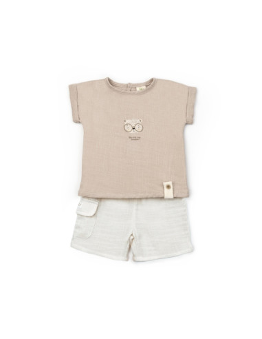 UP-BC-CSYM7103-12,Set tricou maro cu pantaloni scurti TeddyBear, 100% bumbac organic, BabyCosy (Marime: 12-18 Luni)