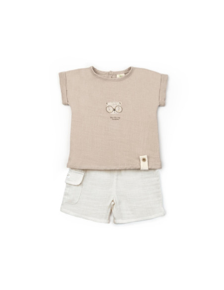 UP-BC-CSYM7103-12,Set tricou maro cu pantaloni scurti TeddyBear, 100% bumbac organic, BabyCosy (Marime: 12-18 Luni)