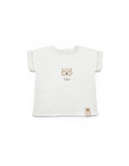 UP-BC-CSYM7104-3,Set tricou ecru cu pantaloni scurti TeddyBear, 100% bumbac organic, BabyCosy (Marime: 3-6 Luni)