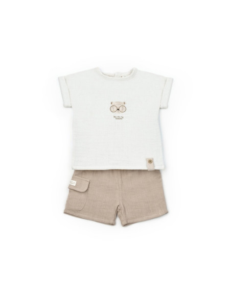 UP-BC-CSYM7104-12,Set tricou ecru cu pantaloni scurti TeddyBear, 100% bumbac organic, BabyCosy (Marime: 12-18 Luni)