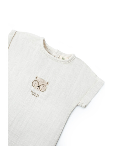 UP-BC-CSYM7104-18,Set tricou ecru cu pantaloni scurti TeddyBear, 100% bumbac organic, BabyCosy (Marime: 18-24 Luni)
