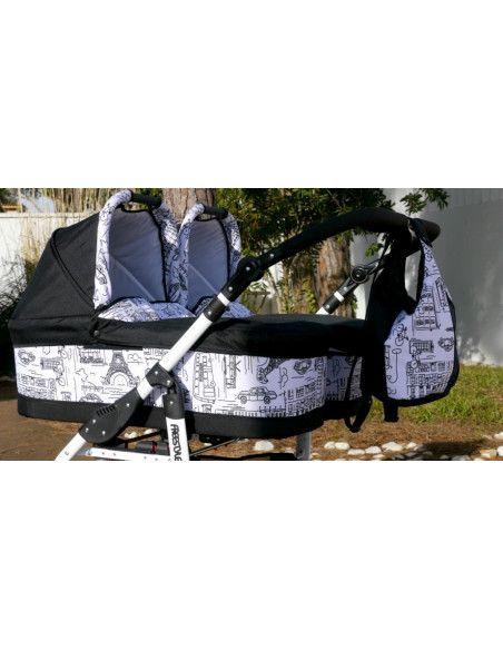 Carucior copii gemeni side by side 3 in 1, PJ STROLLER, White