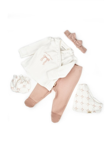 UP-BC-CYS8174,Set de 5 piese pentru nou nascut, Bow, powder, BabyCosy