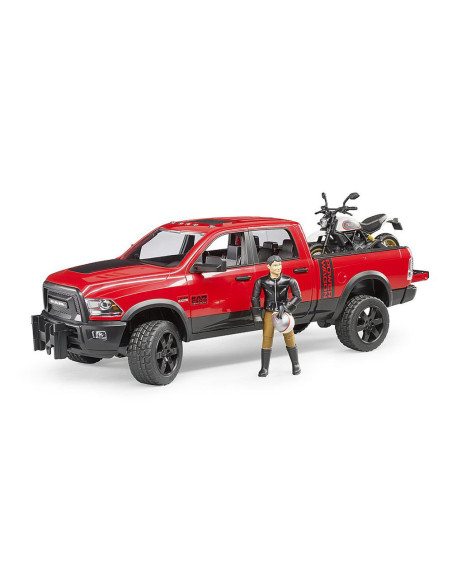 BR02502,Bruder - Masina De Teren Ram 2500 Cu Motocicleta Scrambler Ducati Desert Si Sofer