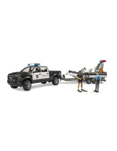 BR02507,Bruder camion de politie RAM 2500 cu lumini si sunete si remorca cu barca