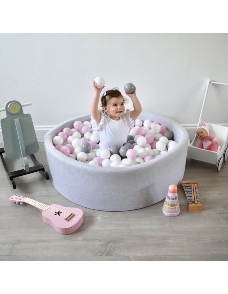 Piscina uscata cu 200 de bile 7 cm MeowBaby®, alb, gri si roz