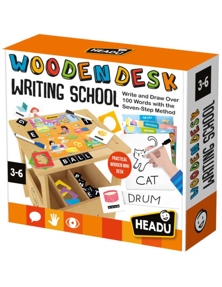 HE60575,Headu - Birou din lemn cu diverse activitati educative de a scrie si desena 3-6 ani