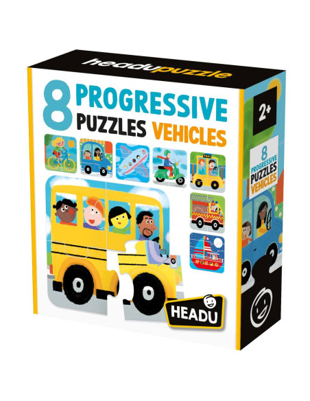 HE59056,Headu - 8 Puzzleuri progresive Vehicule cu piese mari pentru copiii de peste 2 ani