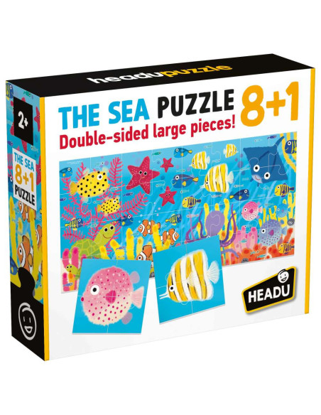 HE59759,Headu - 8+1 Puzzle Animale Marine cu piese mari imprimate pe ambele fete