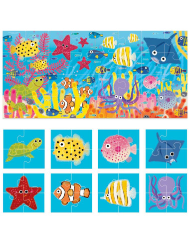 HE59759,Headu - 8+1 Puzzle Animale Marine cu piese mari imprimate pe ambele fete