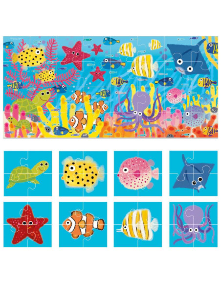 HE59759,Headu - 8+1 Puzzle Animale Marine cu piese mari imprimate pe ambele fete