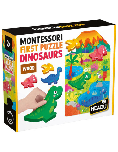 HE59025,Headu - Montessori primul meu puzzle cu Dinozauri ce include 4 forme din lemn