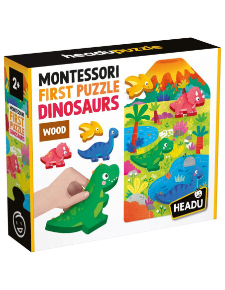 HE59025,Headu - Montessori primul meu puzzle cu Dinozauri ce include 4 forme din lemn