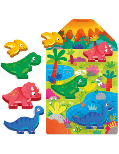 HE59025,Headu - Montessori primul meu puzzle cu Dinozauri ce include 4 forme din lemn