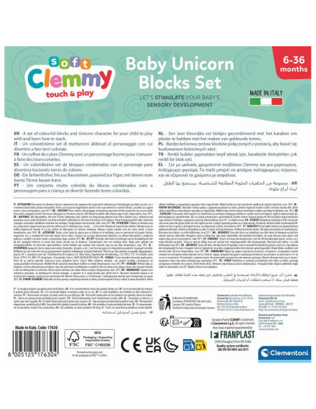 CL17630,Clementoni - Set de joaca educational Soft Clemmy Unicorn cu 10 cuburi de constructie moi si lavabile