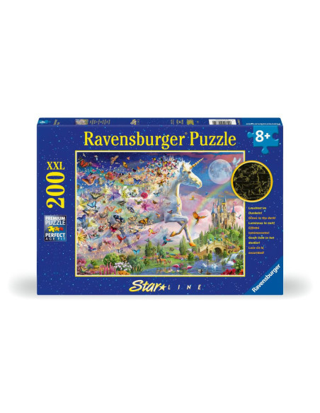 RVSPC00872,Ravensburger - Puzzle Star Line Unicorn si fluturi care lumineaza in intuneric 200 piese XXL