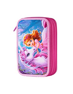 Penar echipat Daco PE3034E, 3 fermoare, Motiv unicorn si printesa