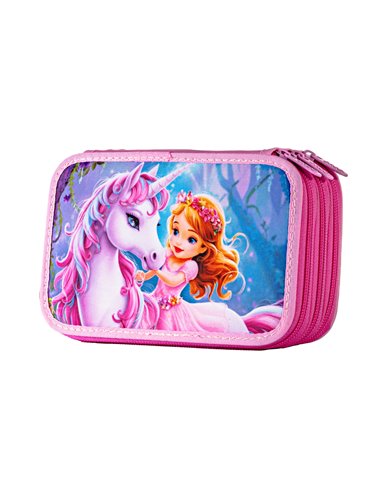Penar echipat Daco PE3034E, 3 fermoare, Motiv unicorn si printesa
