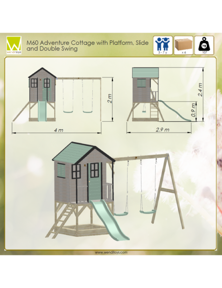M60PGN,Casuta de gradina Pastel Green Adventure Cottage cu platforma, tobogan si leagan dublu (M60PGN), Wendi Toys
