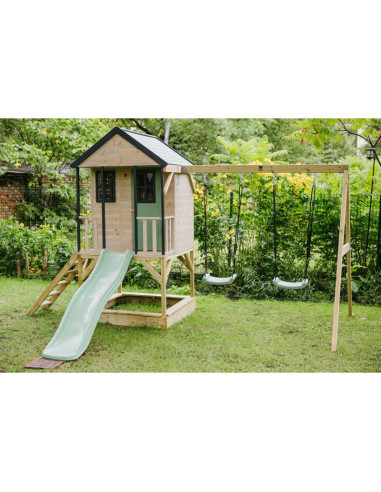 M60PGN,Casuta de gradina Pastel Green Adventure Cottage cu platforma, tobogan si leagan dublu (M60PGN), Wendi Toys