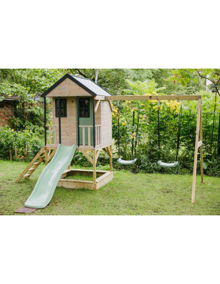 M60PGN,Casuta de gradina Pastel Green Adventure Cottage cu platforma, tobogan si leagan dublu (M60PGN), Wendi Toys