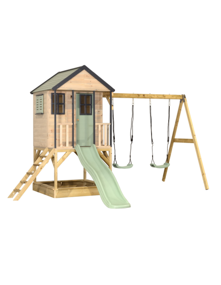 M60PGN,Casuta de gradina Pastel Green Adventure Cottage cu platforma, tobogan si leagan dublu (M60PGN), Wendi Toys
