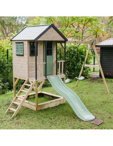 M60PGN,Casuta de gradina Pastel Green Adventure Cottage cu platforma, tobogan si leagan dublu (M60PGN), Wendi Toys