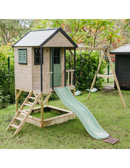 M60PGN,Casuta de gradina Pastel Green Adventure Cottage cu platforma, tobogan si leagan dublu (M60PGN), Wendi Toys